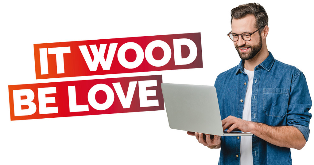 Darstellung eines Manns mit Laptop neben dem Text "It wood be love"