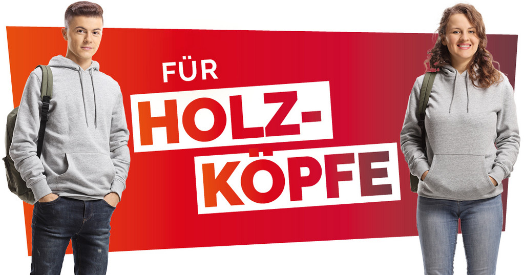 Darstellung zweier Jugendlicher neben dem Text "Für Holzköpfe"