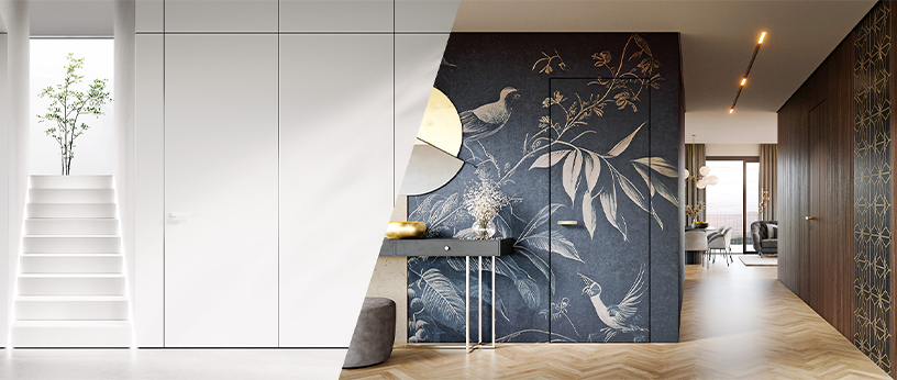 Zwei Ambientebilder, weiße, bündige Türen, die sich nahtlos in die Wand integrieren und eine Tür, die mit einer dekorativen Tapete verkleidet ist.